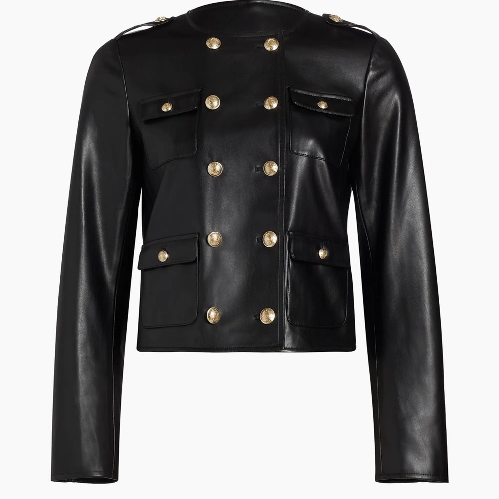 Elie Tahari Black Double-Breasted Vegan Leather Jacket